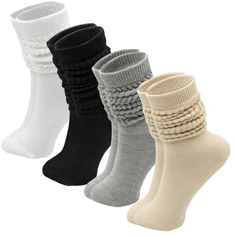 KASURE 4 Paare Damen Slouch Socken, Stulpen Trachtenstrümpfe Lange Extra Lange Baumwolle Stricken Knie Hoch Dick Scrunch Baumwoll Strickstiefel Strümpfe 39-44