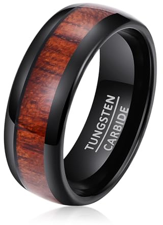 SOXEMAN Anello Nuziale Uomo in Tungsteno, Larghezza 8mm con Intarsio Centrale in Legno e Bordi Lucidati (Misura USA) | Nero e Marrone | Misura USA 8 (56,9 mm)