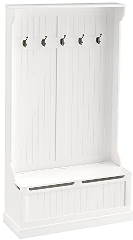 HOMCOM Mobile da corridoio con panca appendiabiti 3 in 1, 5 ganci, panca con coperchio a cerniera, per soggiorno, corridoio 96 x 34 x 179,7 cm crema