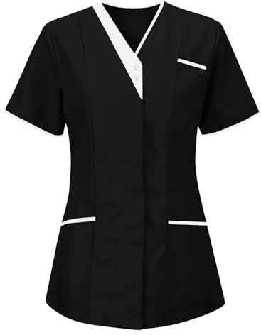 Blouse De Travail Femme De Menage De Couleur Chemise pour Femmes À Col en V avec Poches Multiples pour Uniforme Médical Doux Et Confortable Noir XL