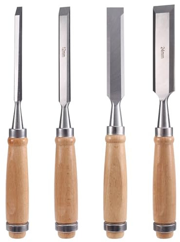 Vocdikficy Set di 4 Scalpelli In Legno In Acciaio al Cromo-Vanadio da 6/12/18/24 mm per Intaglio del Legno, Utensili da Falegname.