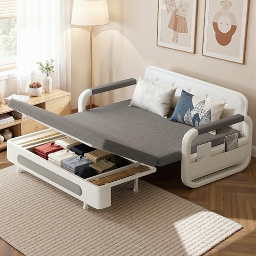 LineCrispton Double Sofa Bed with Storage - 2-Seater Pull Out Sofa Bed Settee for Living Room & Bedroom, Grey Convertible Sleeper Couch for Adults (Width: 128cm)