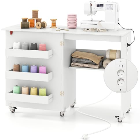 COSTWAY Mesa de Costura Plegable con Estación de Carga, con Estantes y Contenedores, Gabinete de Almacenamiento Rodante Multifuncional con Ruedas Bloqueables para Hogar, Dormitorio (Blanco)