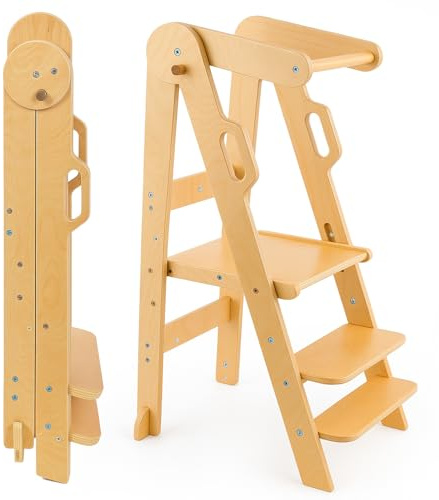 YORKING Solid Wood Foldable Step Stool for Kids, 3-Tier Adjustable Height, Standing Tower with Safety Rail, Toddler Learning Helper Stool for Bathroom, Kitchen & Toilet, 20.5 x 18.7 x 36