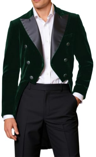 Generisch Giacca da uomo smoking elegante con risvolto in velluto, blazer slim fit, per cena, matrimonio, ballo di fine anno, Natale, giacca slim fit, cappotto frack, casual, feste, blazer, verde, M
