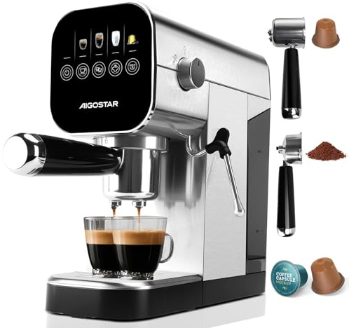 Aigostar Macchina Caffè, Compatibile con Capsula & Caffè Macinato, 0,9L, 1350W, 20 Bar, Schermo LCD Touch, Con Montalatte Elettrico Incorporato, Acciaio Inox, Macchinetta Caffe per Casa Ufficio