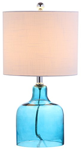 JONATHAN Y 19 Moroccan Blue Glass Bell Table Lamp for Living Room Bedroom, White Linen Drum Shade, Modern Coastal Bedside Nightstand Lamp with LED Bulb, UL Listed JYL1027A