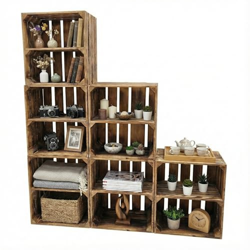 Teramico Cajas de Madera Maciza como zapateros/estanterías Ligeramente FLAMEADAS con Tablero intermedio (atornillado) Cajas para Manzanas
