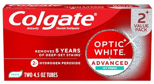 Colgate Optic White Advanced ICY Fresh Toothpaste with 2% Hydrogen Peroxide and Fluoride, 2 Pack, Peppermint and Wintergreen Flavor, Teeth Whitening Toothpaste with Enamel Safe Formula, 4.5 OZ