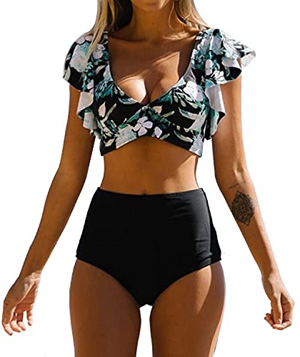 Yuson Girl Ruffle Bandeau Halter Bikini Donna Vita Alta,Costume da Bagno Bikini a Due Pezzi Deep V, Mare Swimsuit Push Up Top High Waisted Stampa Bottom(B, M)