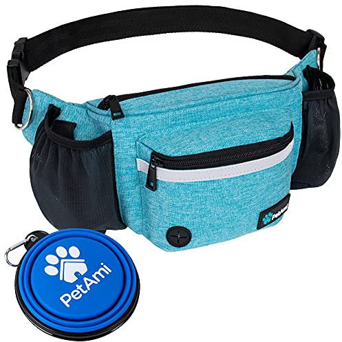 PetAmi Dog Fanny Pack, Treat Pouch for Dog Walking, Training, Built in Poop Bag Dispenser, Water Bottle Holder, Collapsible Bowl, Pet Treat Waist Belt for Hiking, Running, Kibbles (Turquoise)