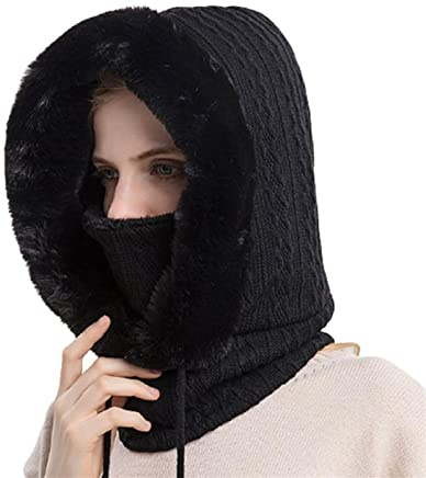 LZYLZF Chapeau de Fourrure d'hiver Ensemble de Masques à Capuche pour Les Femmes 3in1 tricoté Polaire doublé Cou Chaud en Plein air Ski Coupe-Vent Chapeau épais en Peluche Moelleux Bonnets…