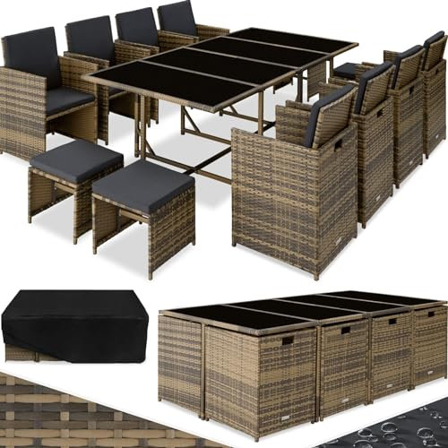 tectake Gartenlounge Set, Polyrattan Gartenmöbel Set, 8+4+1 Sitzgruppe, 8 Stühle 4 Hocker 1 Tisch, Balkon Möbel als Würfel verstaubar, für Garten, Balkon, Terrasse - Natur/dunkelgrau