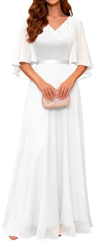 DRESSTELLS Ladies Vestido de Noche Largo Elegante para Boda Vestido de Cocktail Damas Elegante con Mangas Cintura Elastica Blanco L
