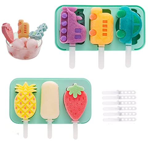 Eisformen Eis am Stiel, Tootesa 2 Stück Silikon Eis am Stiel Eiscreme Cakesicle Formen kinder DIY Kreative Eisform BPA frei wiederverwendbare mit Deckel (Früchte+Fahrzeug）