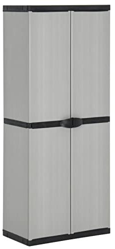Homgoday Armadietto da giardino con 3 ripiani, grigio e nero, 68 x 40 x 168 cm, mobili da giardino, organizer per attrezzi da esterno, per patio, cortile, cassettiera, terrazza, armadio 3068