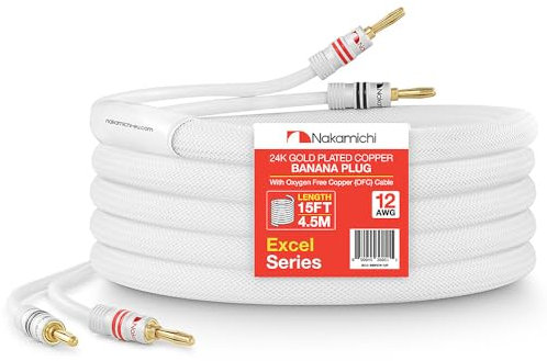 Nakamichi 24K vergoldeter Bananenstecker mit (15 Fuß) Lautsprecherkabel, 99,9% sauerstofffreies Kupfer (OFC), robustes geflochtenes Kabel, Heimkino-Verstärker - Weiß (12AWG / 15 Fuß / 4,5 Meter)