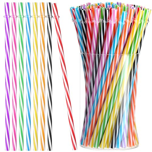 Sliner 200 Pcs 9 Inch Reusable Hard Plastic Thick Drinking Straws Long Stripe Drinking Tumbler Mason Jars Straws for 4th of July Summer Wedding Birthday Race Car Soccer Party(Colorful)