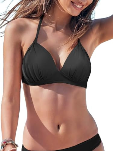 HAWILAND Push Up Bikini Oberteil Damen Sportlich Neckholder Bikini Top Retro Sexy Bikini mit Schnürung abnehmbaren Pads Schwarz L