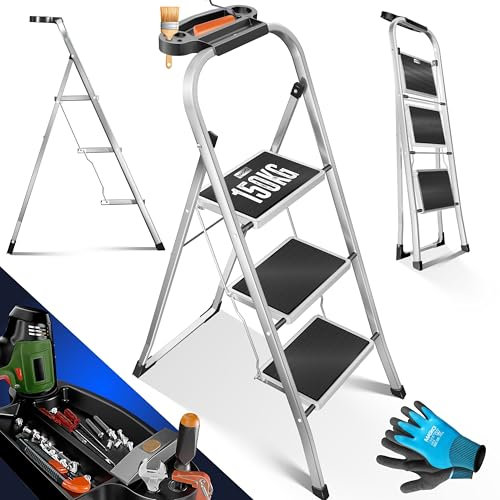 MASKO® Trittleiter Klappleiter 3 Stufen-Leiter Stufenleiter belastbar bis 150 kg | Tritthocker Anti-Rutsch | Klapptritt Leiter inkl. Handschuhe, Werkzeugablage & automatisches Schloss, Grau
