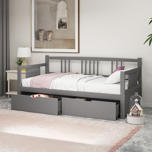 Jovify Kinderbett 90x200 cm, Schlafsofa Tagesbett mit 2 Stauraum Schubladen, Massivholzbett Einzelbett Sofabett Bettsofa Gästebett Jugendbett Bettgestell mit Lattenrost aus Holz, Ohne Matratze, Grau