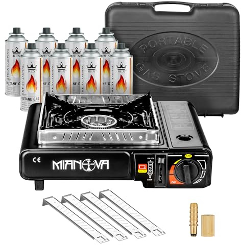 Taffstyle 2 en 1 LPG Conector Gas Camping Hornillo de Gas Hornillo de Gas Outdoor BBQ Grill Hornillo de emergencia Camping Cocina Cocina 1 fogón maletín cortavientos cartuchos de gas negro Cocina 8