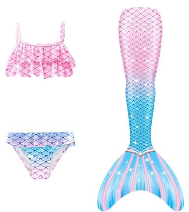 Schwimmflossen Meerjungfrau Mädchen, Meerjungfrauenflosse Mädchen Schwimmen Badeanzug Meerjungfrau Flosse Jugendliche Bikini Tankini Badehose Schwimmflossen Monoflosse, Himmel Blue, 8-9 Jahre
