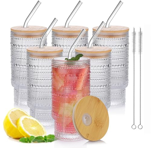 Salpae 16oz Glass Cups with Lids and Straws, 6 Pack Vintage Drinking Glasses Tumblers Polka Dot Iced Coffee Cups for Kitchen, Home, Office, Gifts