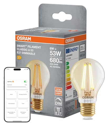 Osram SMART+ LED-Lampe, A53, 6W, 2400K, E27, Kolbenform, Filament, Gold, dimmbar, steuerbar per App oder Sprache, kompatibel mit Matter-Systemen