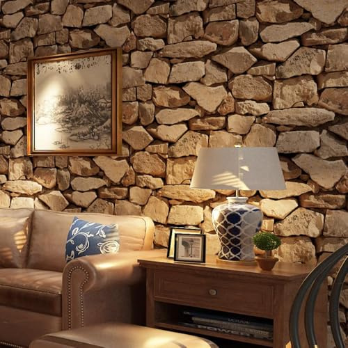 Beswitory 3D Effect Stone Texture Wallpaper Roll - Non-Woven Retro Decoration for Bedrooms, TV Wall, Living Room - Realistic Rustic Modern Accent