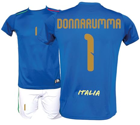 Generico Kit Maglia Italia Calcio Donnarumma 1 e Pantaloncino, Blu con Stampe in Oro, Replica Maglietta Nazionale Italiana, Taglie da Bambino (IT, età, 10 Anni, Regular)