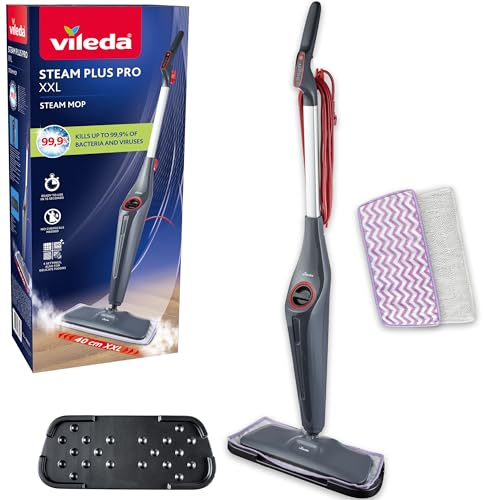 Vileda Steam Plus Pro XXL Steam Cleaner | Vileda Steam Mop with 4 steam settings, 2 x refills & storage tray | Sensitive Floor Cleaning Pad | Kills and Removes Viruses, Germs and Bacteria up to 99.9%
