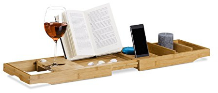 Relaxdays Pont de baignoire extensible en bambou tablette de bain porte-verre plateau réglable, nature, Marron
