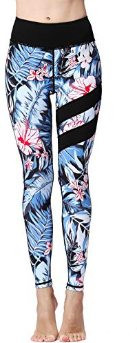 FLYILY Långa Sportleggings för Kvinnor Löpning Tights Hög Midja Stretch Fitness Yogabyxor (4-BlackFlower,XL)