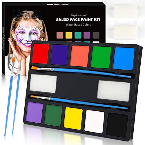Kinderschminke Set Halloween, ENJSD Face Paint Kinder, Waschbar Bodypainting Farben Gesichtsfarben Kinderschminken Set, 10-Farben Schminkset mit Schwämme & Pinsel, Körperfarben für Karneval Fasching