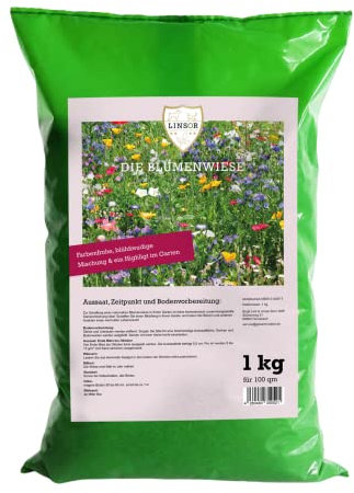 Linsor Blumenwiese 1 kg für 100m², Saatgut für eine bunte, einheimische Wildblumenwiese, Lockt Bienen, Schmetterlinge & Insekten an, Mehrjährig, winterhart & pflegeleicht