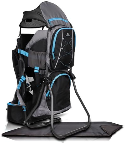Dromader Kraxe Kindertrage bis 22kg - Baby Rückentrage Wandern mit Sonnendach Regenschutz - Babytrage Outdoor Trekking mit Thermotasche Wickelmatte - Einhändig klappbarer Aluminiumrahmen Schwarz Blau