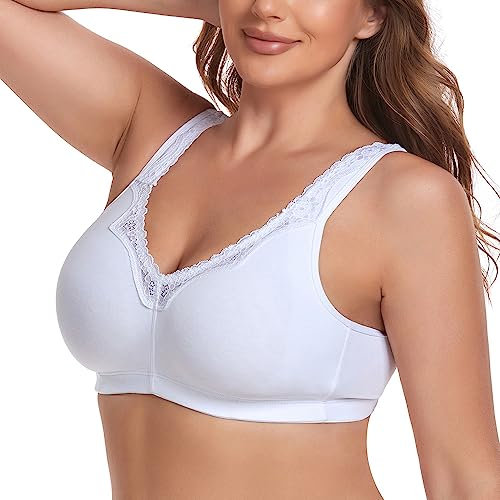Ayigedu Women's Wireless Plus Size Lace Comfort Cotton Bra Full Coverage Unlined Minimizer Bra 36F White