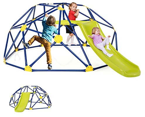 DREAMADE Dôme d'escalade avec Toboggan pour 3-10 Ans, Plateforme en Tissu, Cadre Métallique, Échelle à Grimper Centre d'Activité, Aire de Jeu Intérieur&Extérieur, Charge 180 kg (Dôme + Toboggan Vert)
