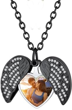 Custom4U Collana Donna Foto Nero Medaglione Zirconi AAA Ciondolo Nome Testo Inciso Collana Personalizzata Locket Apribile con Cuore Regali Commemorativi per Mamma Fidanzata 55+5 CM