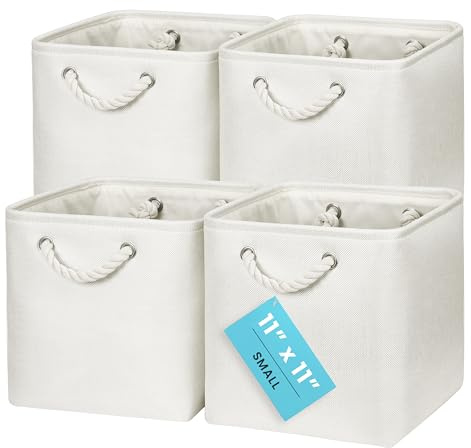 OrganiHaus Set di 4 Cubi Scatole Portaoggetti 28x28, Cestini Portaoggetti in Tessuto con Manici in Corda, Cubi Portaoggetti Pieghevoli per Libreria Kallax, Cestino per la Cameretta. Bianco