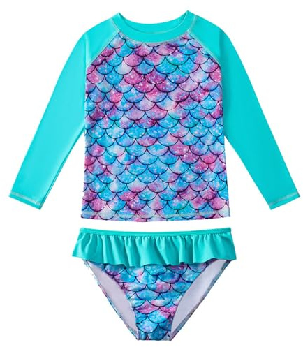 Maillot de Bain Fille Deux Pièces Combinaison Anti UV Fille Manches Longues Maillot pour Filles de 7-8 Ans