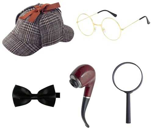 RmKbe Set di 5 costumi da detective con cappello, occhiali, papillon, tubo d'ingrandimento, kit da detective Sherlock Holmes, per ragazzi e ragazze