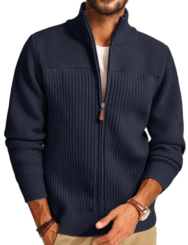 PJ PAUL JONES Mens Sweaters Cardigan Stand Collar Cardigan with Zipper Casual Ribbed Textured Long Sleeve Cardigan Navy Blue M