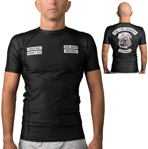 Gold BJJ Combat Club Rash Guard - Short Sleeve No-Gi and Gi Jiu Jitsu Rashguard for Men and Women, Black, Black, S