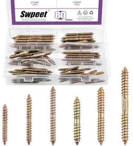 Swpeet Assortiment de 80 vis à double tête en zinc de 6 tailles M6 M8, vis à double extrémité, vis à cheville à bois, boulons filetés autotaraudeuses pour le travail du bois et la connexion de meubles