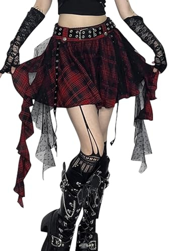 Ausing Donna A Line Mini Gonna Vittoriana Steampunk Gonna Plissettata Y2K Streetwear Vita Alta Party Club Wear M Falda de Red Irregular