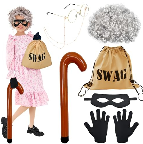 Abitoncc Costume de grand-mère cambrioleur pour enfants, perruque grise, masque pour les yeux, sac swag, collier pour enfants, costume d'Halloween pour la journée mondiale du livre