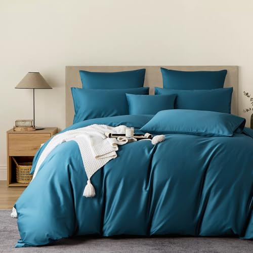 YASMENG Copripiumino in raso di cotone 240 x 260 petrolio 100% cotone raso set da letto Deluxe setoso traspirante Lyocell seta biancheria da letto matrimoniale con cerniera e federe 65 x 65 cm