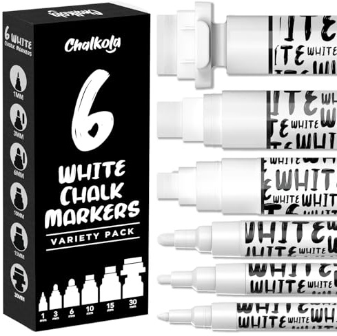 Chalkola - Lot de 6 marqueurs à craie blanche pour tableau noir, panneaux en craie, vitre de voiture, bistro, verre | Stylos à craie liquide effaçables à sec à pointe fine lavable, tailles audacieuses